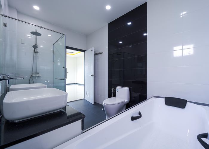 Modern bathroom with freestanding bath and walk-in shower